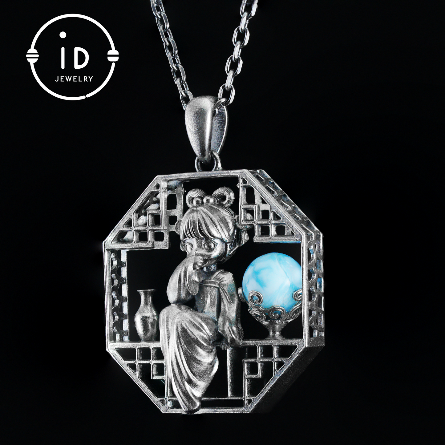 Handgefertigter achteckiger Anhänger mit Aussparung | Natürlicher Larimar-Kugel-Akzent | Retro-inspiriertes geometrisches Statement-Geschenk für kreative Seelen