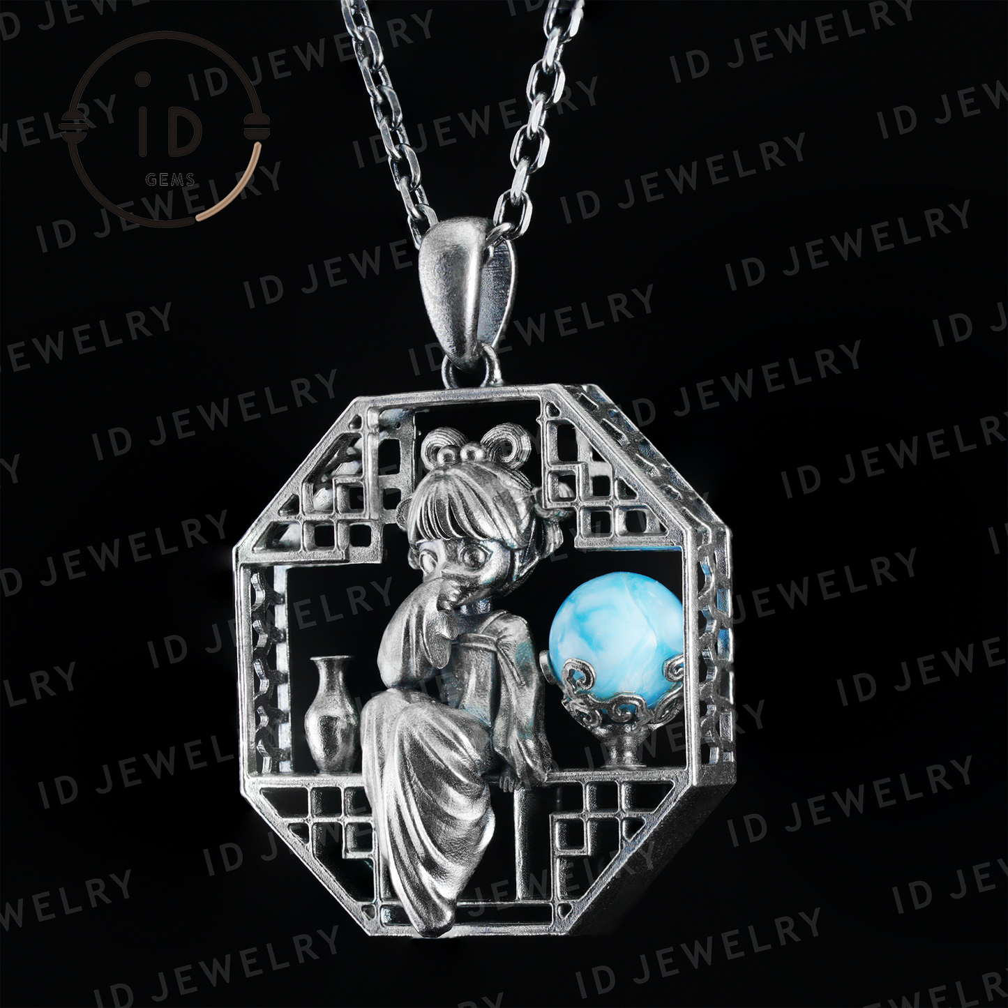Handgefertigter achteckiger Anhänger mit Aussparung | Natürlicher Larimar-Kugel-Akzent | Retro-inspiriertes geometrisches Statement-Geschenk für kreative Seelen