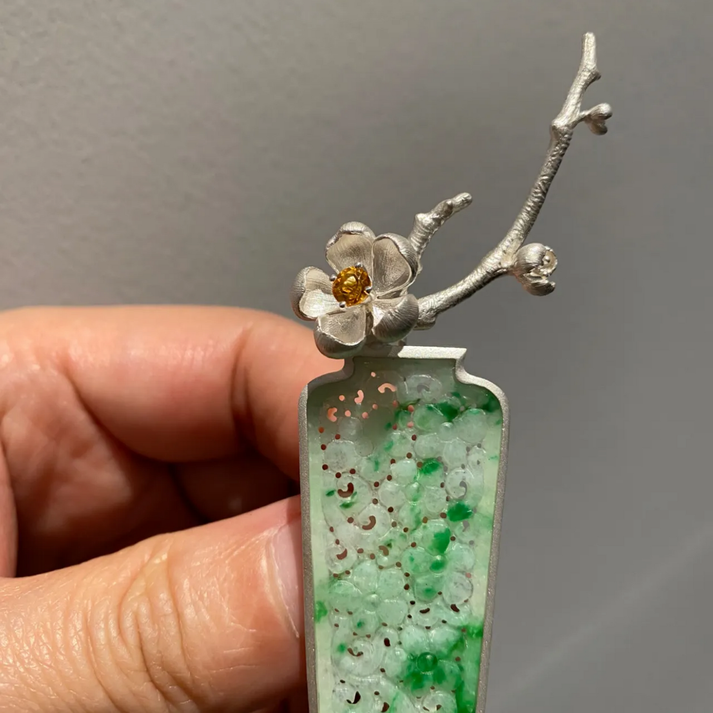 925 Silver Jade Vase Brooch|Natural Jade Inlay|Floral Silver Design with Yellow Gem|Elegant Oriental Jewelry Gift