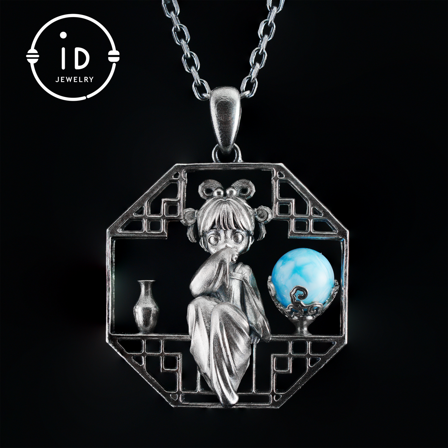 Handgefertigter achteckiger Anhänger mit Aussparung | Natürlicher Larimar-Kugel-Akzent | Retro-inspiriertes geometrisches Statement-Geschenk für kreative Seelen