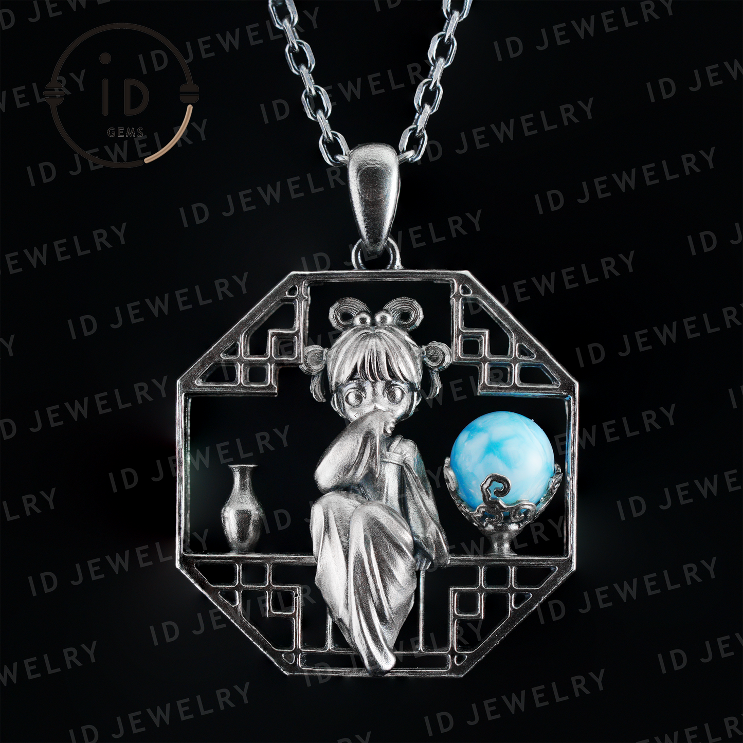 Handgefertigter achteckiger Anhänger mit Aussparung | Natürlicher Larimar-Kugel-Akzent | Retro-inspiriertes geometrisches Statement-Geschenk für kreative Seelen