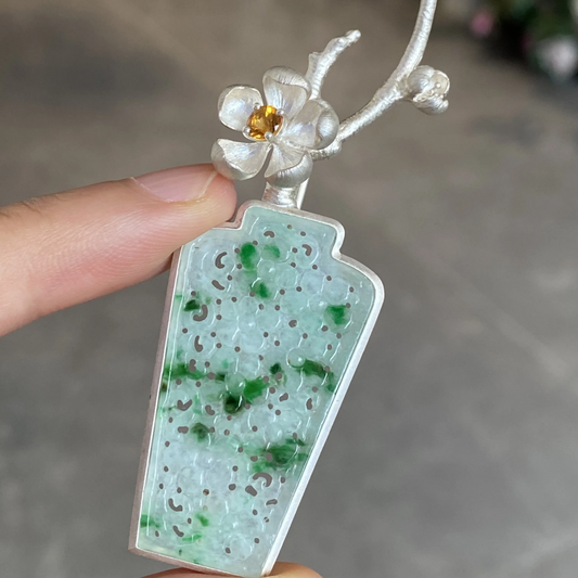 925 Silver Jade Vase Brooch|Natural Jade Inlay|Floral Silver Design with Yellow Gem|Elegant Oriental Jewelry Gift