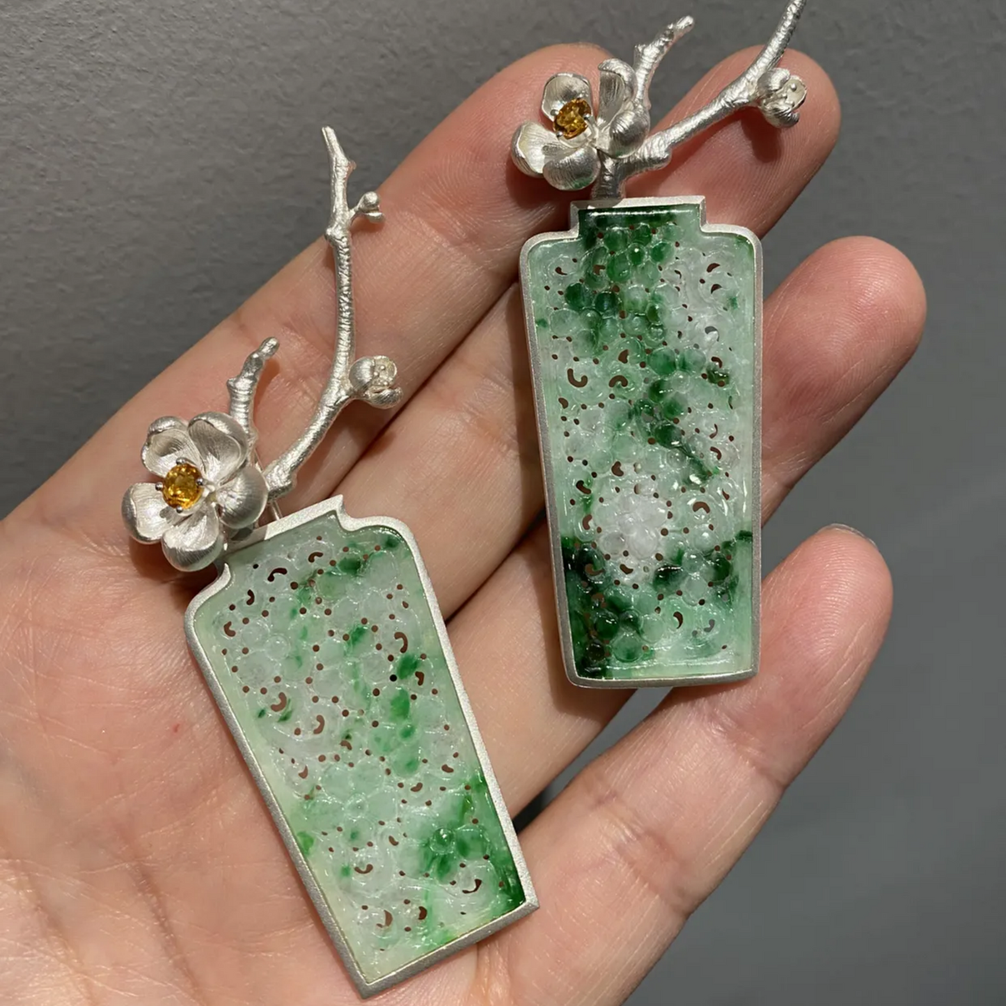 925 Silver Jade Vase Brooch|Natural Jade Inlay|Floral Silver Design with Yellow Gem|Elegant Oriental Jewelry Gift