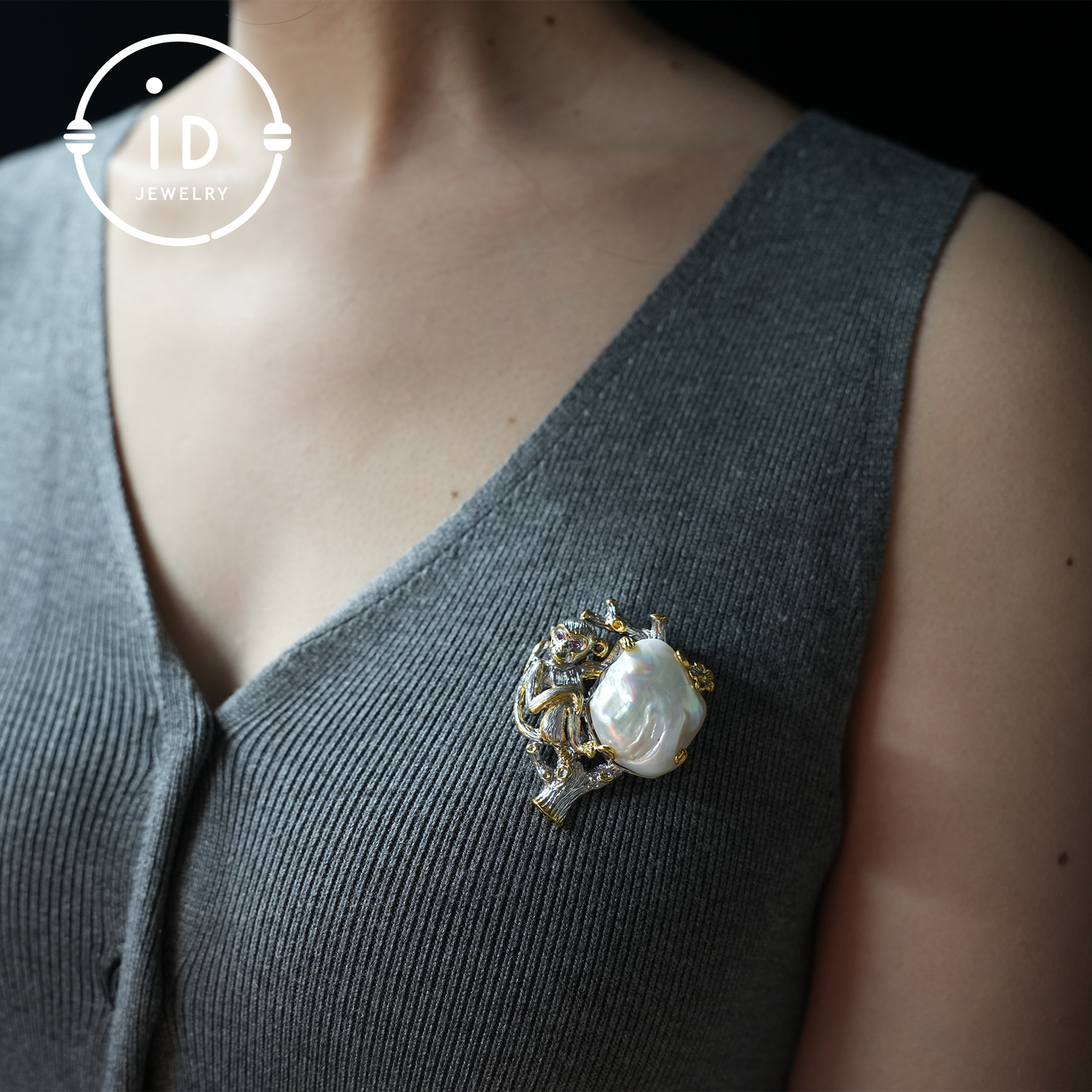 Monkey Brooch Pendant | Handmade Baroque Pearl Jewelry | Artistic Animal Design | Gold Plated Silver