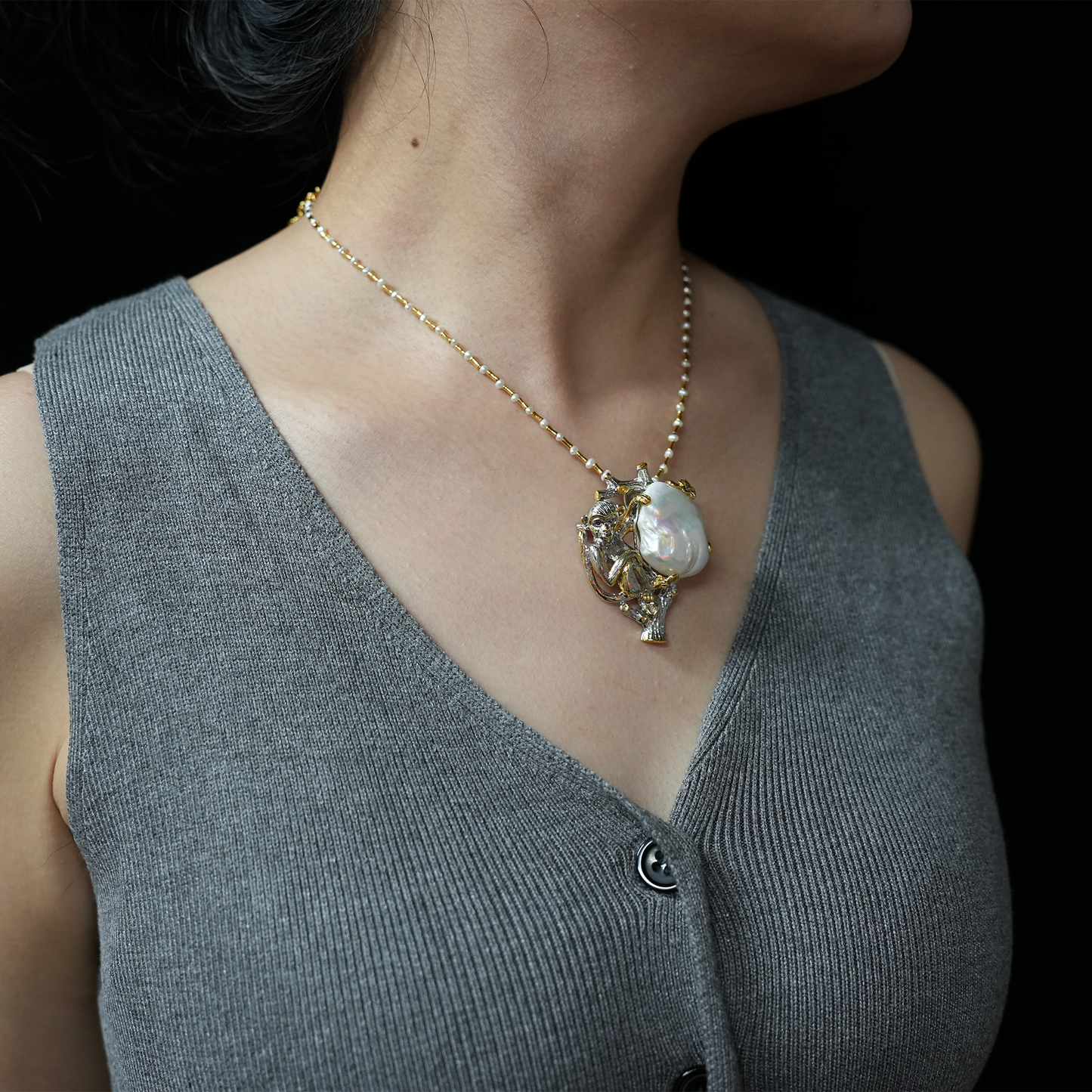 Monkey Brooch Pendant | Handmade Baroque Pearl Jewelry | Artistic Animal Design | Gold Plated Silver