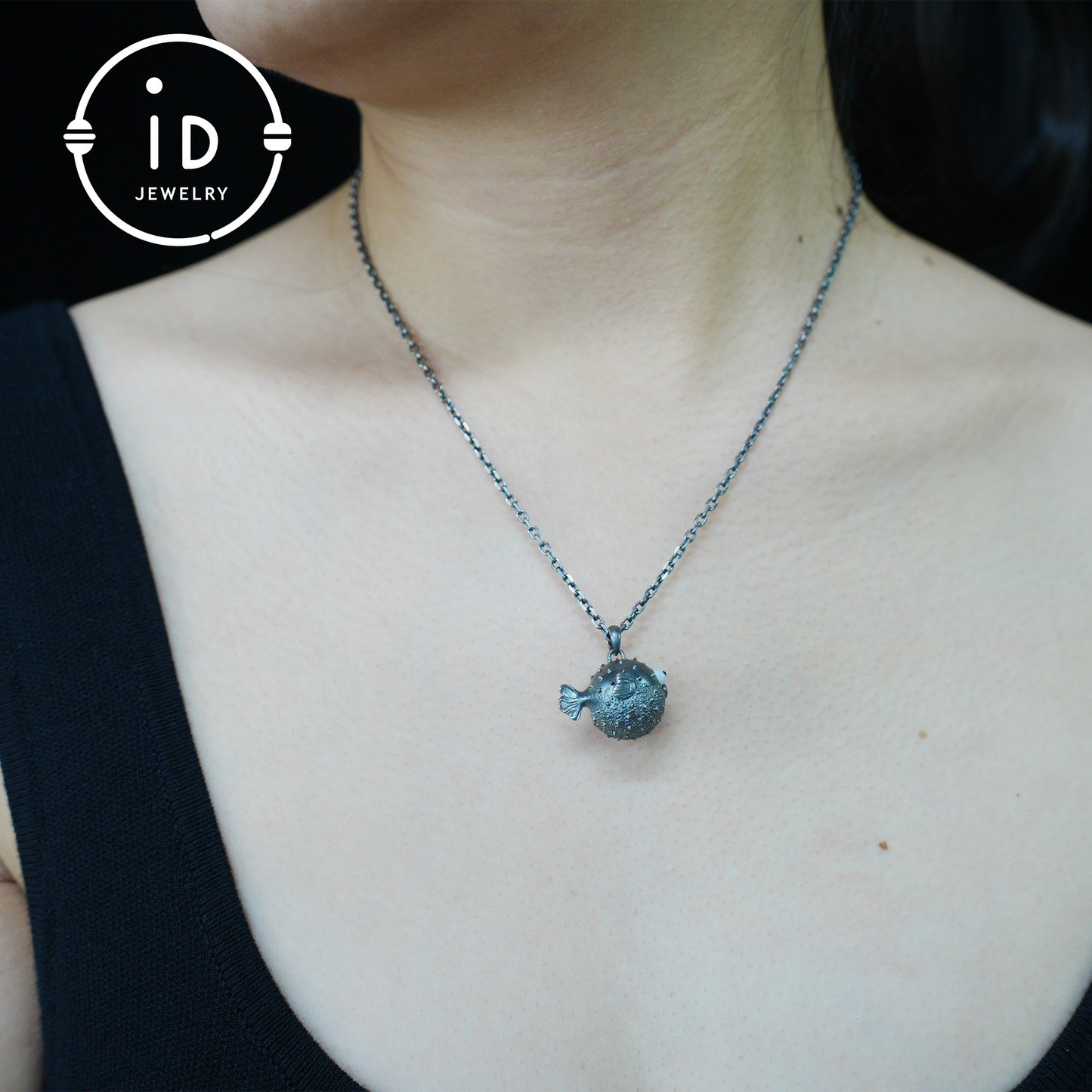 Wunderlicher Kugelfisch-Anhänger aus Sterlingsilber – Charm für emotionale Unterstützung – Süße Ozean-Totem-Halskette – Türkis- und Onyx-Augen – Heilende Geschenkidee