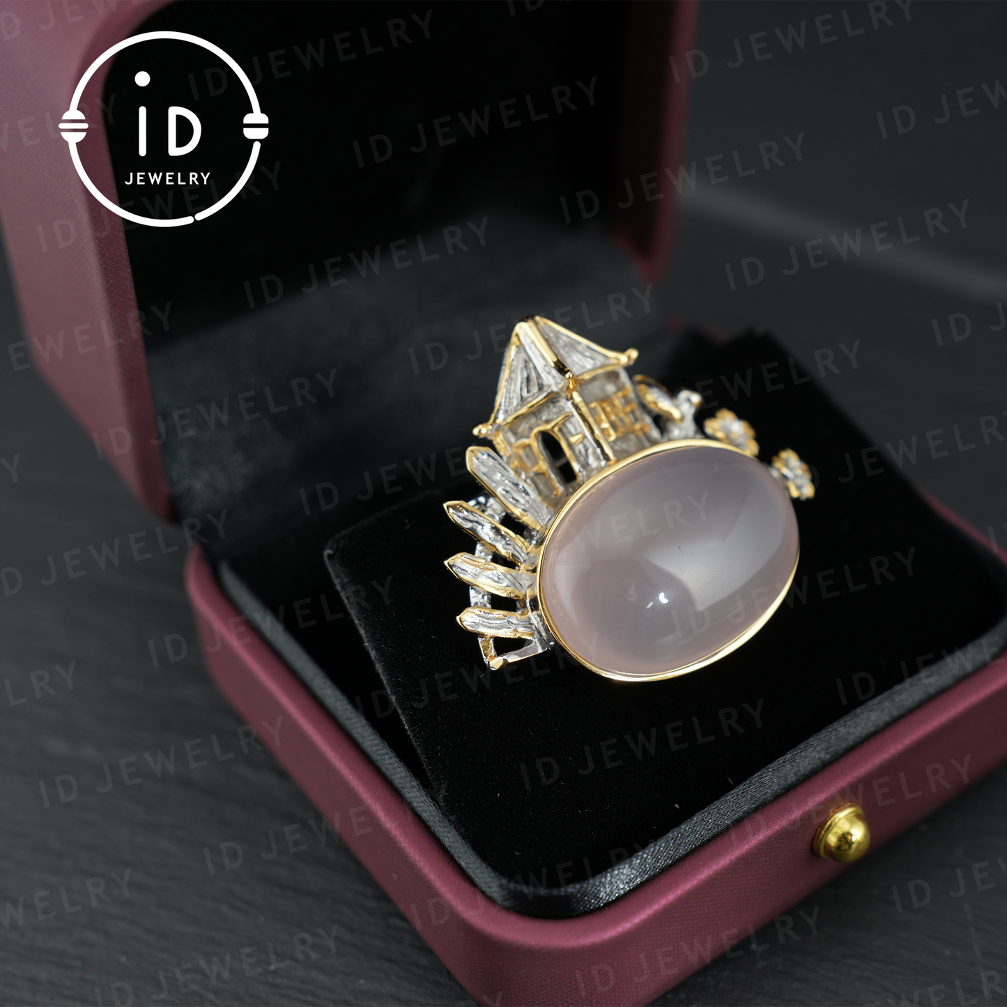 Chinese Pavilion Brooch| Natural Rose Quartz Jewelry| Gold-Plated Pendant| Handmade Architecture Brooch| Unique Gift for Women
