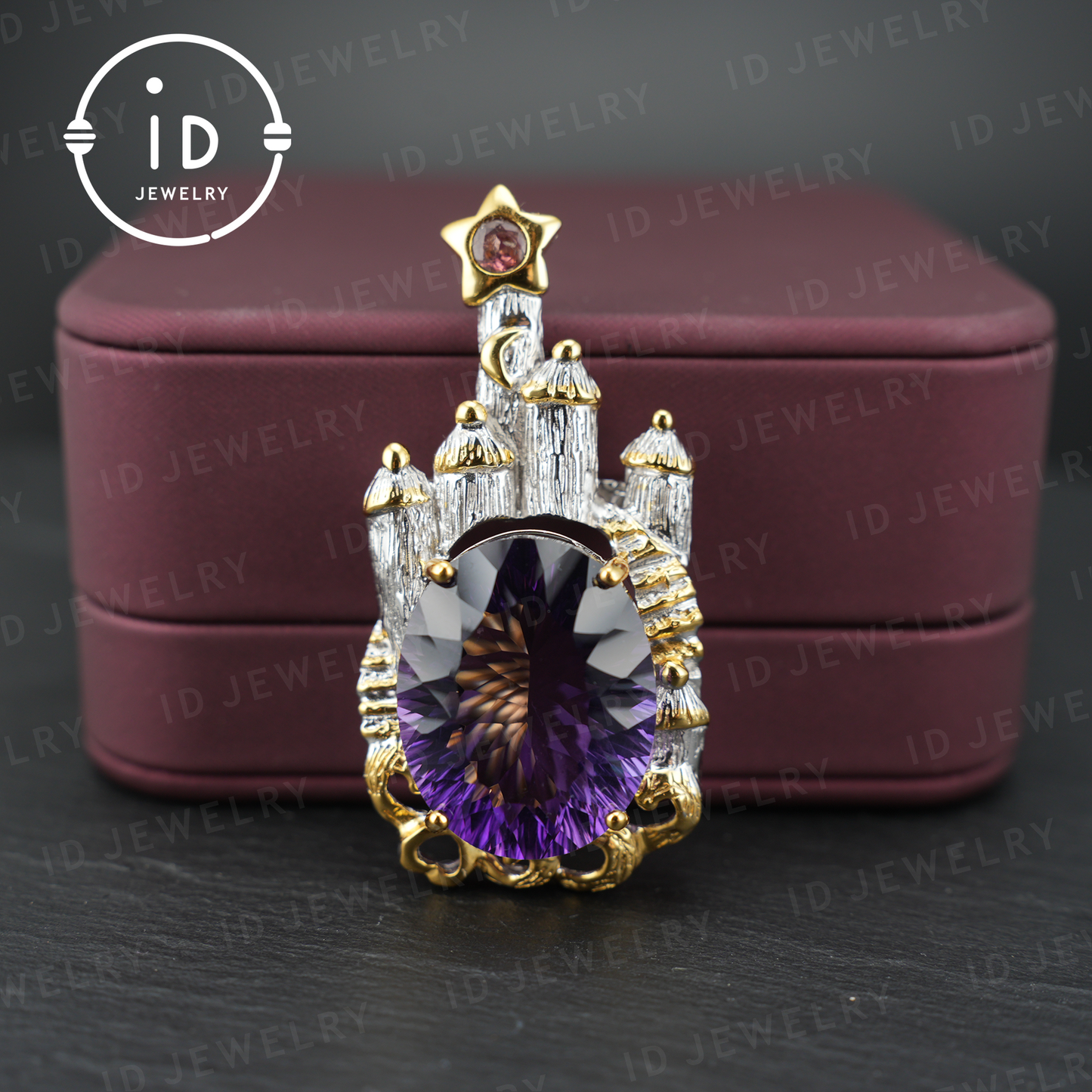 Fairy Tale Amethyst Brooch| Vintage Castle Pendant| Handmade Gemstone Jewelry| Gold-Plated Statement Brooch| Royal Jewelry Gift for Women