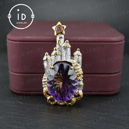 Märchenhafte Amethyst-Brosche | Vintage-Schloss-Anhänger | Handgefertigter Edelsteinschmuck | Vergoldete Statement-Brosche | Königliches Schmuckgeschenk für Frauen