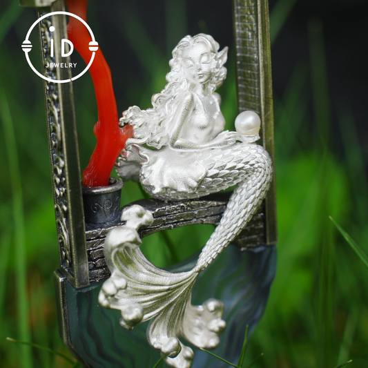 Handgefertigte Halskette mit Meerjungfrau-Anhänger, Perle und Koralle | Sterlingsilber-Schmuck mit Meeresfee | Mythisches Meeresgeist-Geschenk für Sie
