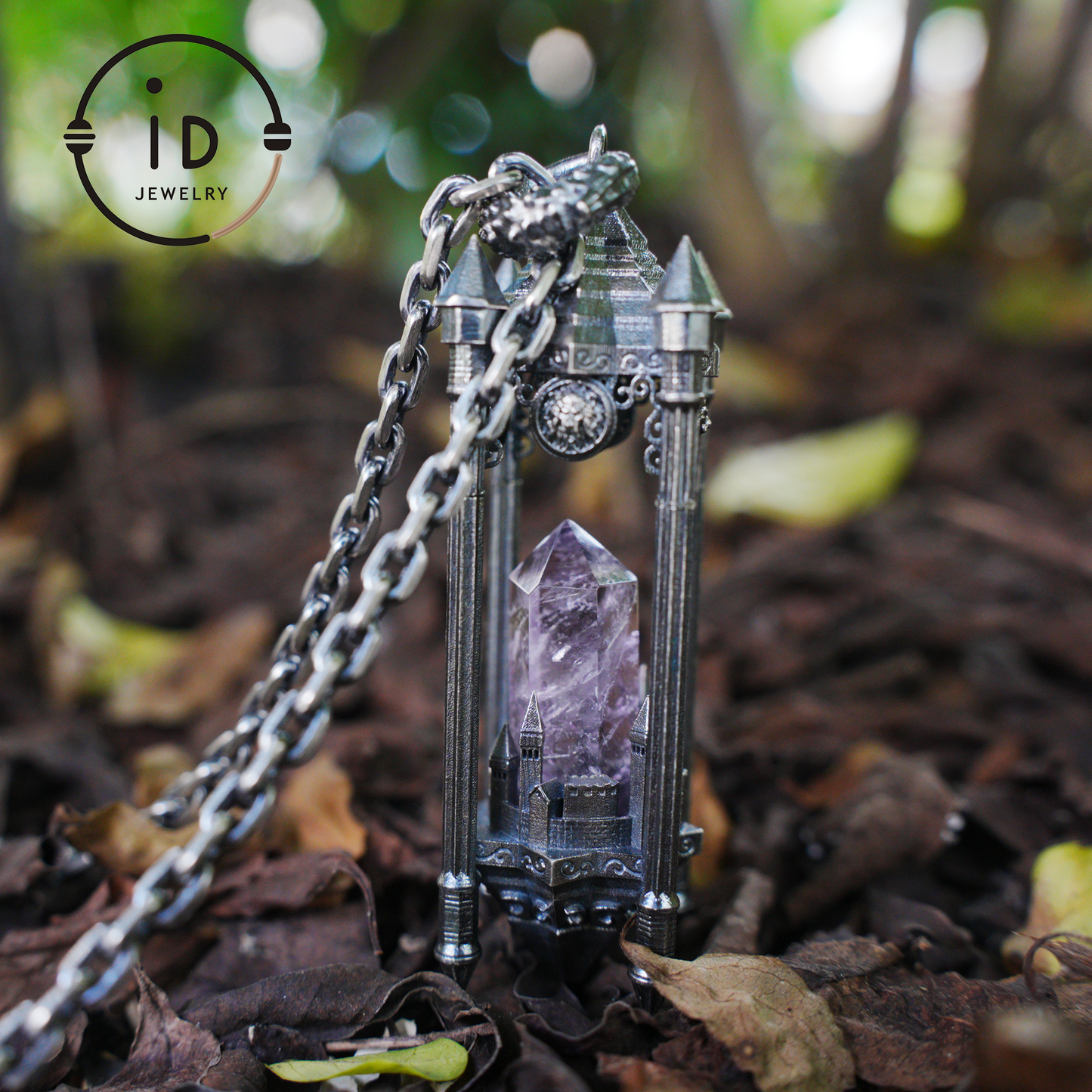 Architectural Amethyst Pendant|Natural Crystal Wrapped in Silver Columns|Focus Symbol for the Soul|Mystical Gothic Gift for Her