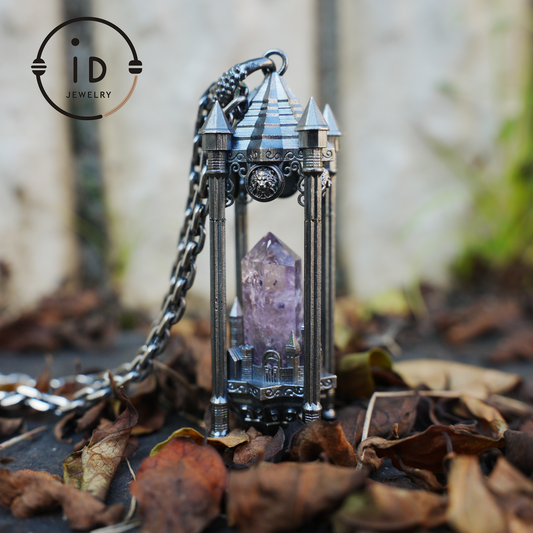 Architektonischer Amethyst-Anhänger|Natürlicher Kristall in silbernen Säulen gewickelt|Fokussymbol für die Seele|Mystisches Gothic-Geschenk für Sie