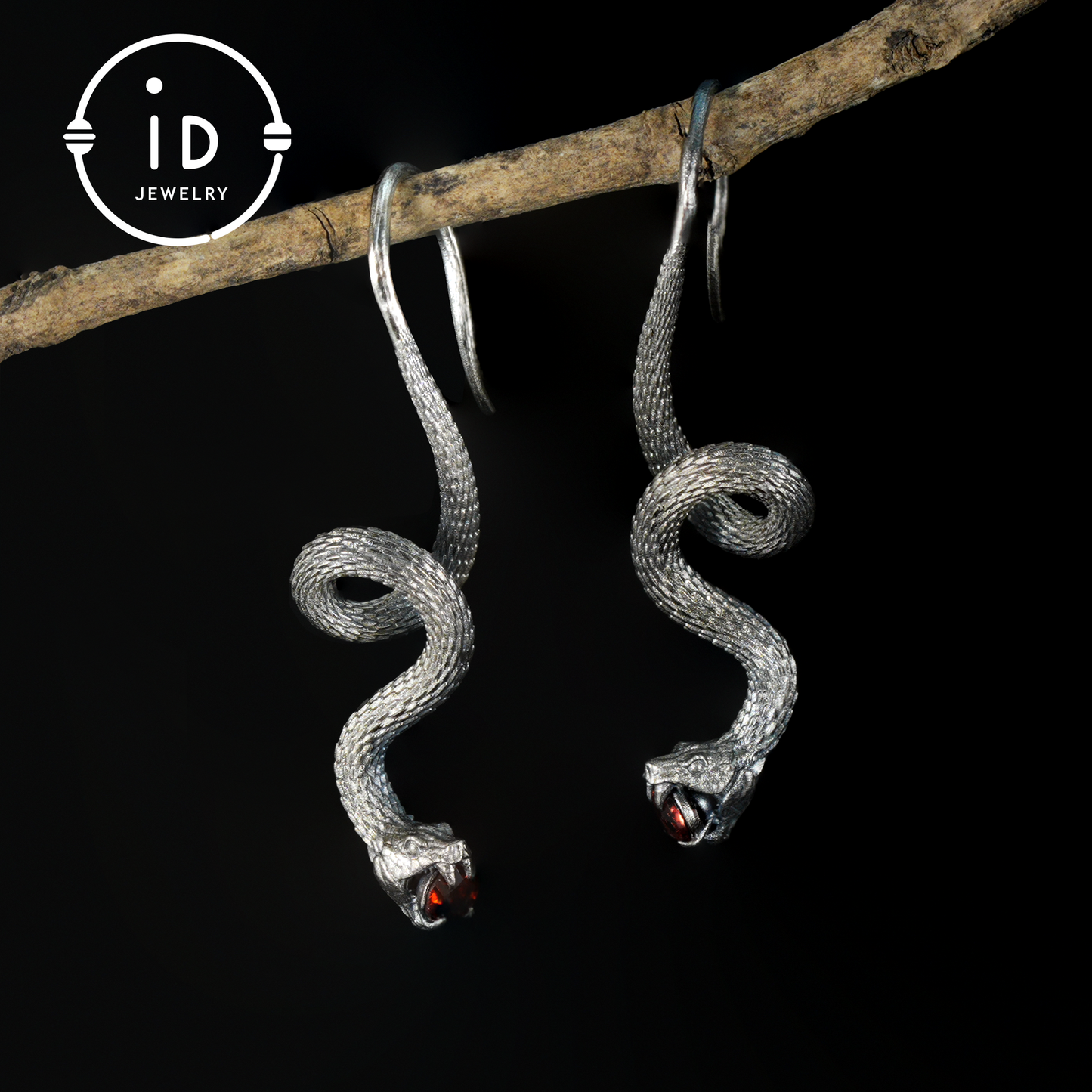 Garnet Earrings Silver Snake Design Gothic Style 925 Sterling Silver Oxidized Hook Handmade Jewelry Gift For Her Birthday Vintage Statement