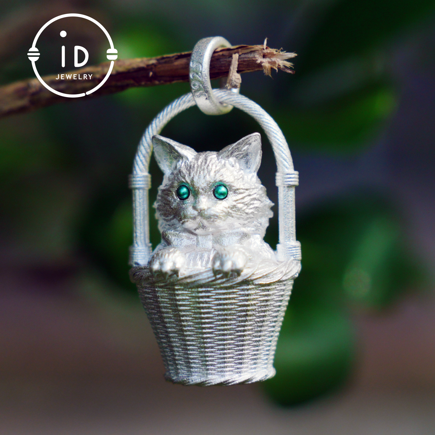 Handgefertigte Halskette mit Kätzchen-Anhänger aus 925er Silber | Grünäugige Wächterkatze | Glücks- und Trost-Talisman-Schmuck | Geschenk für Katzenliebhaber