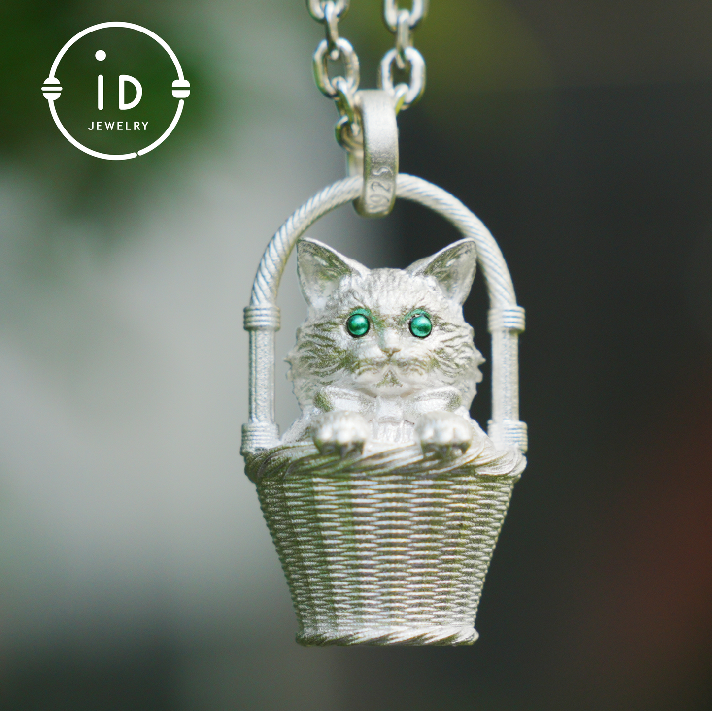 Handgefertigte Halskette mit Kätzchen-Anhänger aus 925er Silber | Grünäugige Wächterkatze | Glücks- und Trost-Talisman-Schmuck | Geschenk für Katzenliebhaber