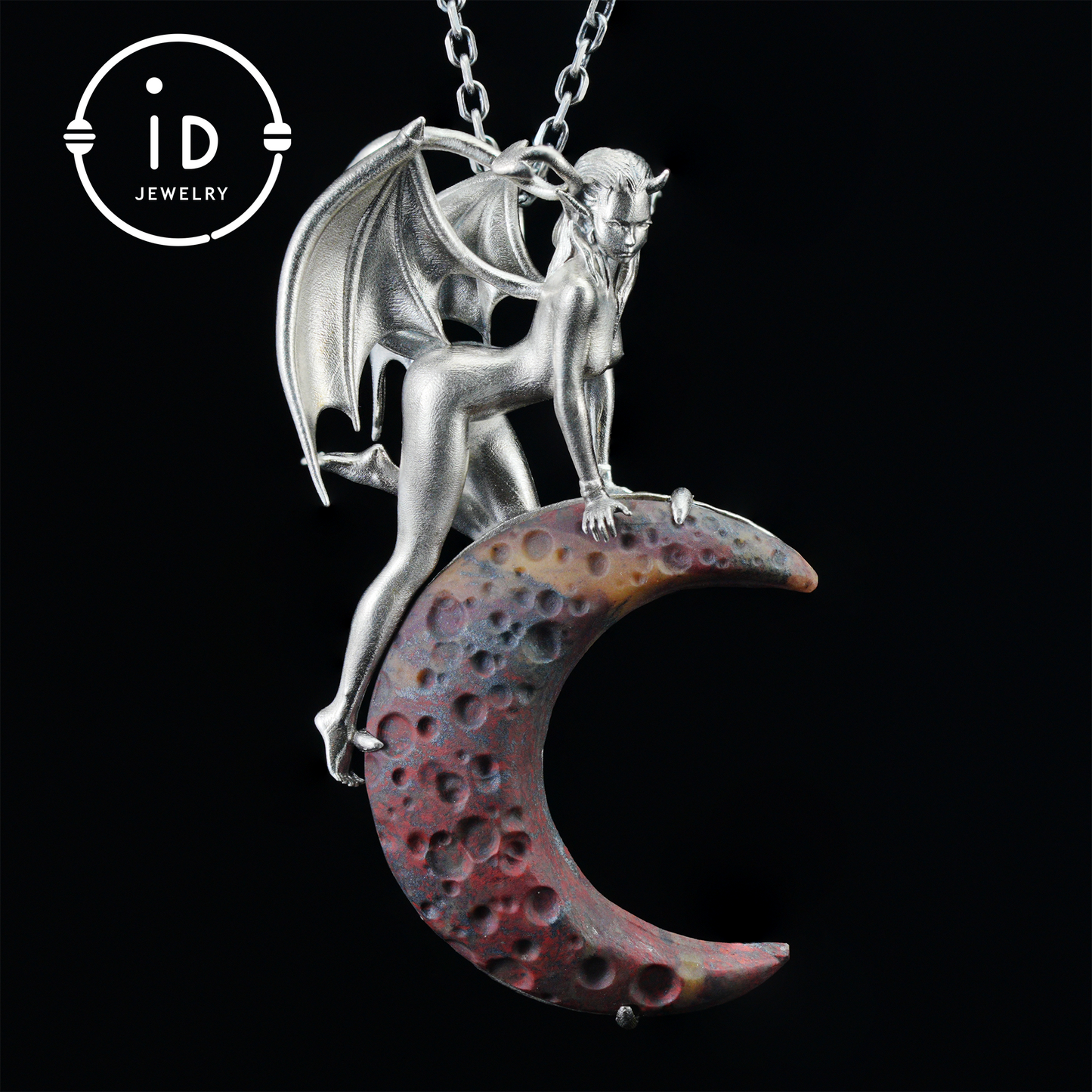 Handgeschnitzter Sukkubus-Anhänger aus 925er Silber | Blutmond & Blutstein-Halbmond | Geflügelter Dämon, gotischer Schutztalisman | Perfektes gotisches Geschenk