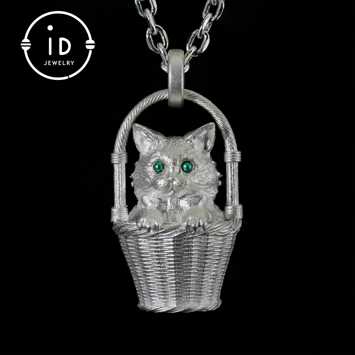 Handgefertigte Halskette mit Kätzchen-Anhänger aus 925er Silber | Grünäugige Wächterkatze | Glücks- und Trost-Talisman-Schmuck | Geschenk für Katzenliebhaber