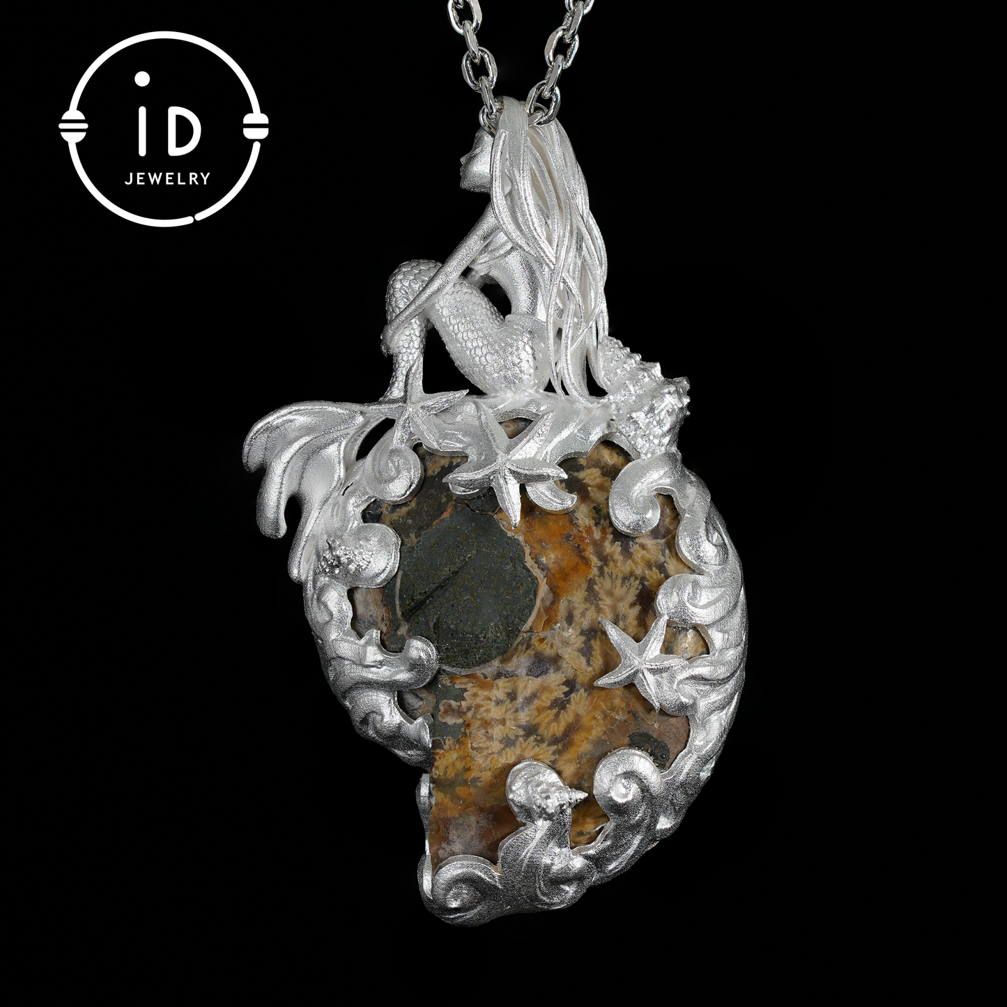 Meerjungfrau Muschel Fossil Anhänger, Handgefertigtes Meeresgöttin Amulett, Spiritueller Schutzschmuck, Mythisches Kunstdesign, Sirenenmeer Geschenk