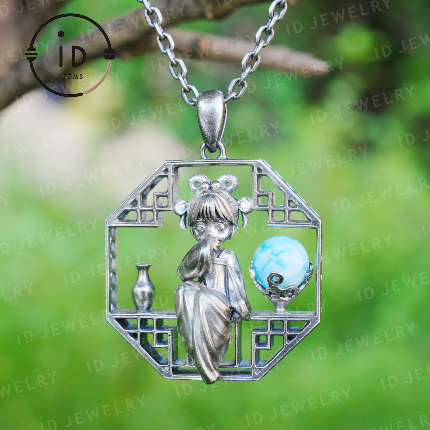 Handgefertigter achteckiger Anhänger mit Aussparung | Natürlicher Larimar-Kugel-Akzent | Retro-inspiriertes geometrisches Statement-Geschenk für kreative Seelen