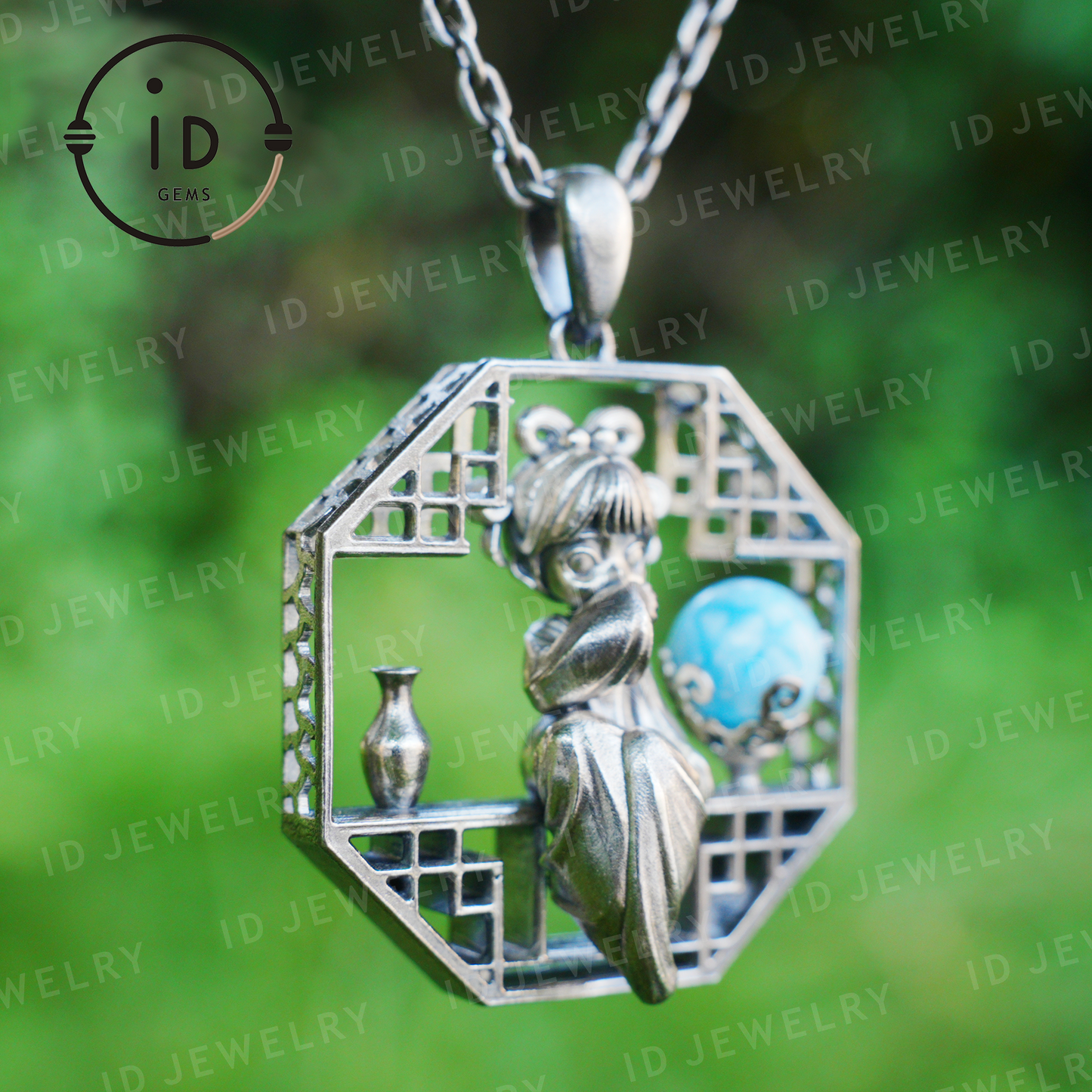 Handgefertigter achteckiger Anhänger mit Aussparung | Natürlicher Larimar-Kugel-Akzent | Retro-inspiriertes geometrisches Statement-Geschenk für kreative Seelen
