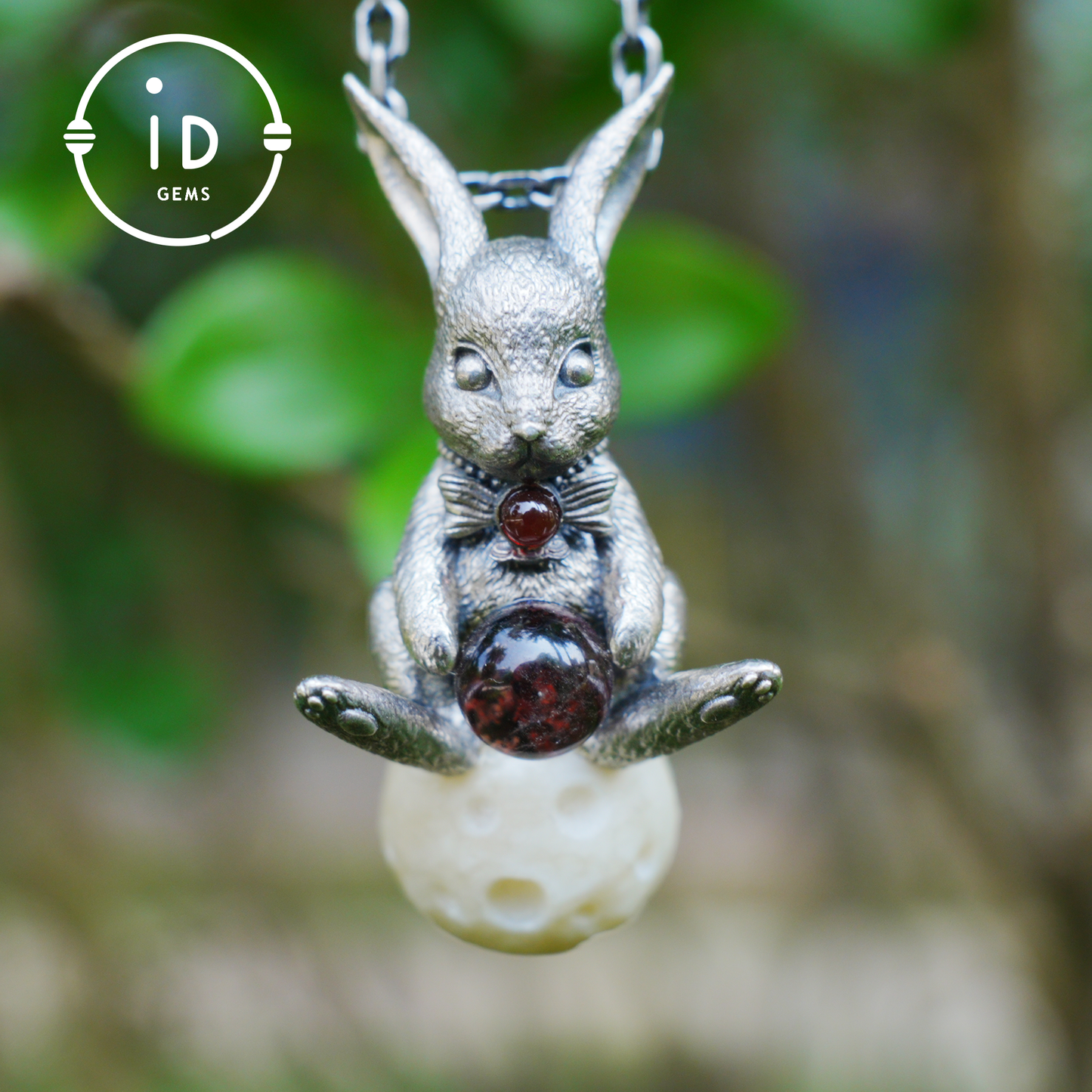 Moon Rabbit Pendant with Red Agate & Ghost Stone | Spring Totem Talisman Jewelry | Fantasy Handmade Forest Bunny Necklace