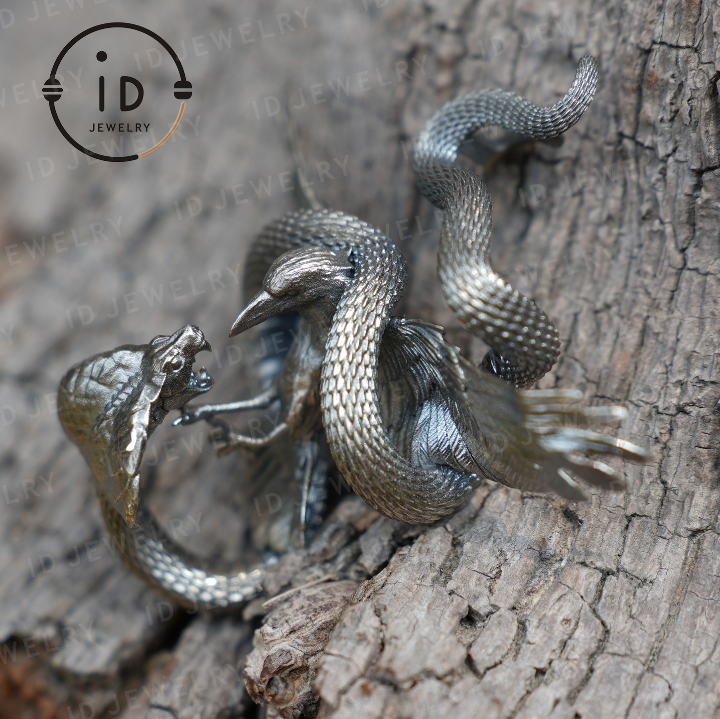 Cobra Bird Pendant Brooch, Handmade Gothic Fantasy Jewelry, Mythical Animal Battle Art Necklace