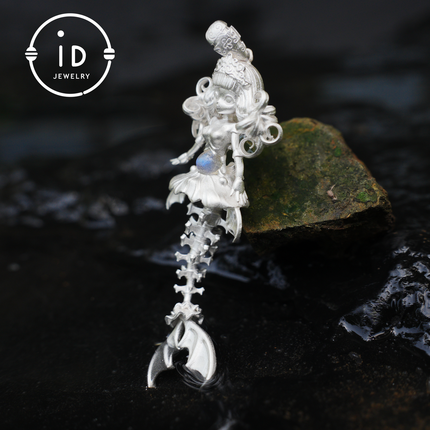 Hand-Carved Mermaid Skeleton Pendant Necklace | Mermaid Bones + Labradorite Flash | Handmade 925 Sterling Silver Amulet Ocean-Theme Necklace