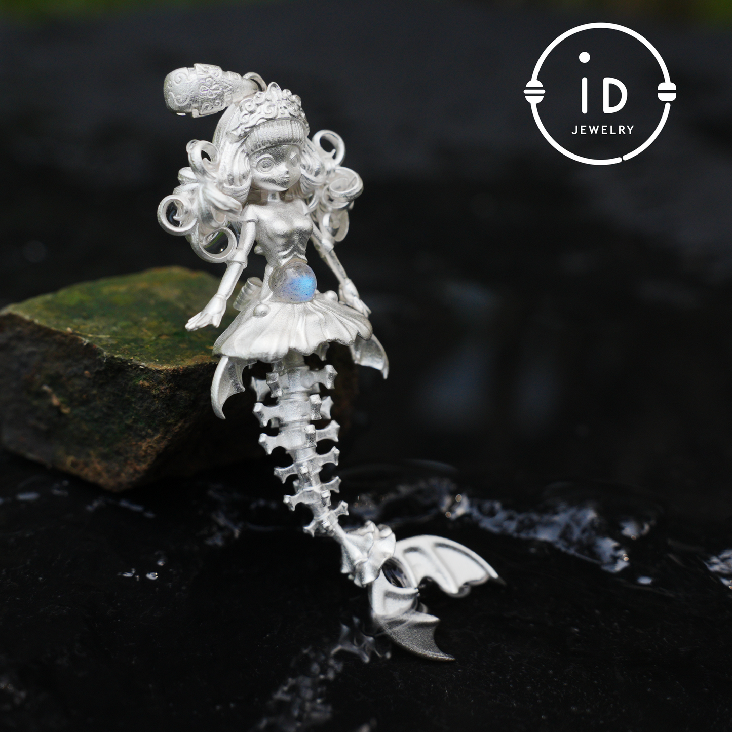 Hand-Carved Mermaid Skeleton Pendant Necklace | Mermaid Bones + Labradorite Flash | Handmade 925 Sterling Silver Amulet Ocean-Theme Necklace