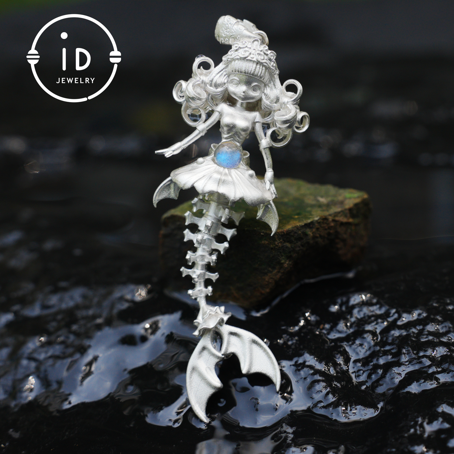 Hand-Carved Mermaid Skeleton Pendant Necklace | Mermaid Bones + Labradorite Flash | Handmade 925 Sterling Silver Amulet Ocean-Theme Necklace