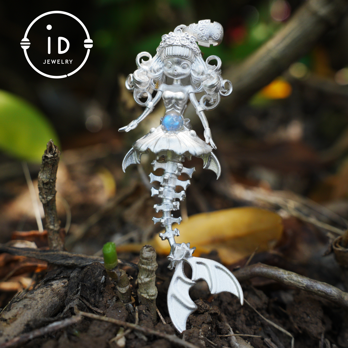 Hand-Carved Mermaid Skeleton Pendant Necklace | Mermaid Bones + Labradorite Flash | Handmade 925 Sterling Silver Amulet Ocean-Theme Necklace