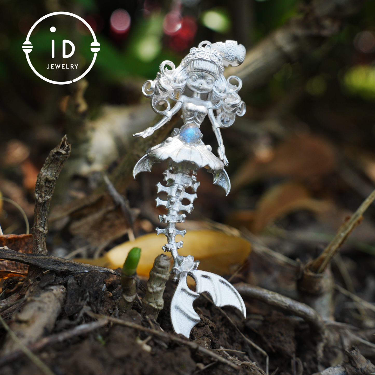 Hand-Carved Mermaid Skeleton Pendant Necklace | Mermaid Bones + Labradorite Flash | Handmade 925 Sterling Silver Amulet Ocean-Theme Necklace
