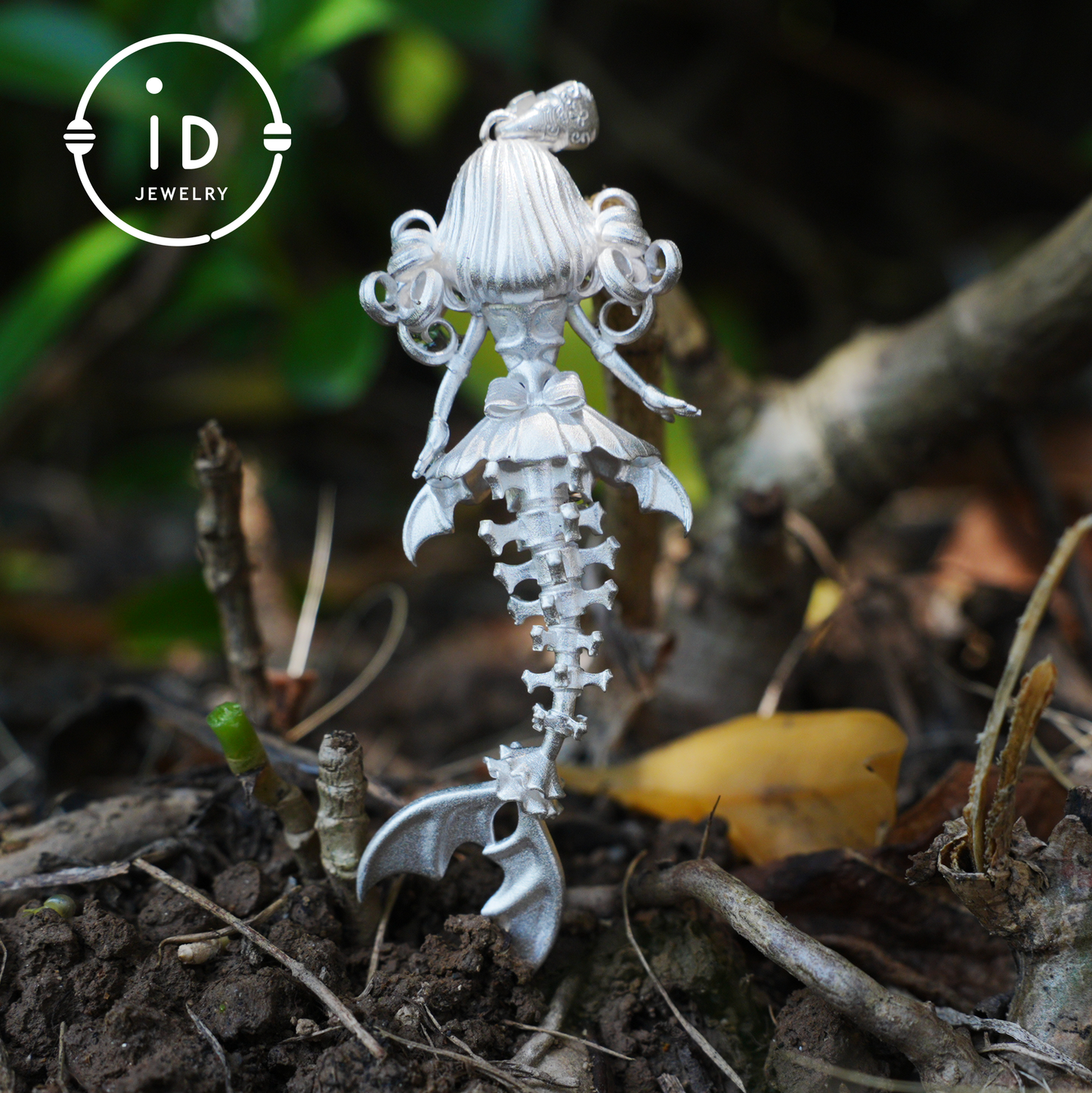 Hand-Carved Mermaid Skeleton Pendant Necklace | Mermaid Bones + Labradorite Flash | Handmade 925 Sterling Silver Amulet Ocean-Theme Necklace