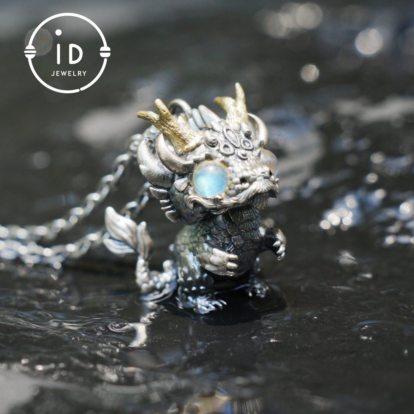 Handmade Fantasy Jewelry | Dragon Totem Necklace | Silver–Copper Bicolor Horn Crown | Labradorite Blue Eye | Handmade Gift