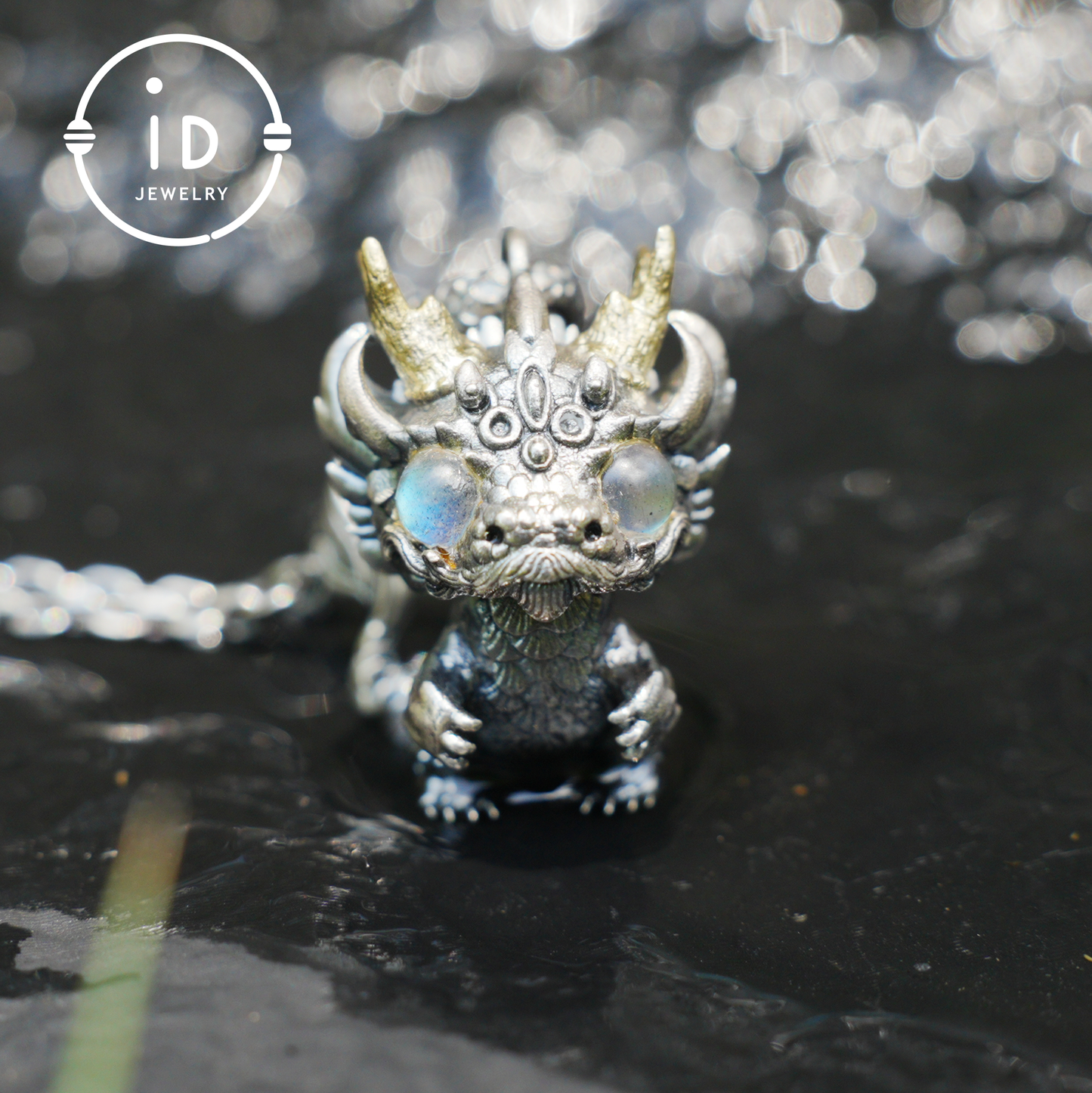 Handmade Fantasy Jewelry | Dragon Totem Necklace | Silver–Copper Bicolor Horn Crown | Labradorite Blue Eye | Handmade Gift