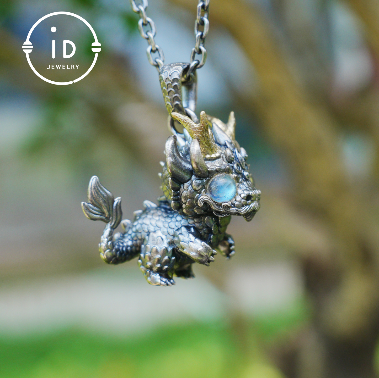 Handmade Fantasy Jewelry | Dragon Totem Necklace | Silver–Copper Bicolor Horn Crown | Labradorite Blue Eye | Handmade Gift