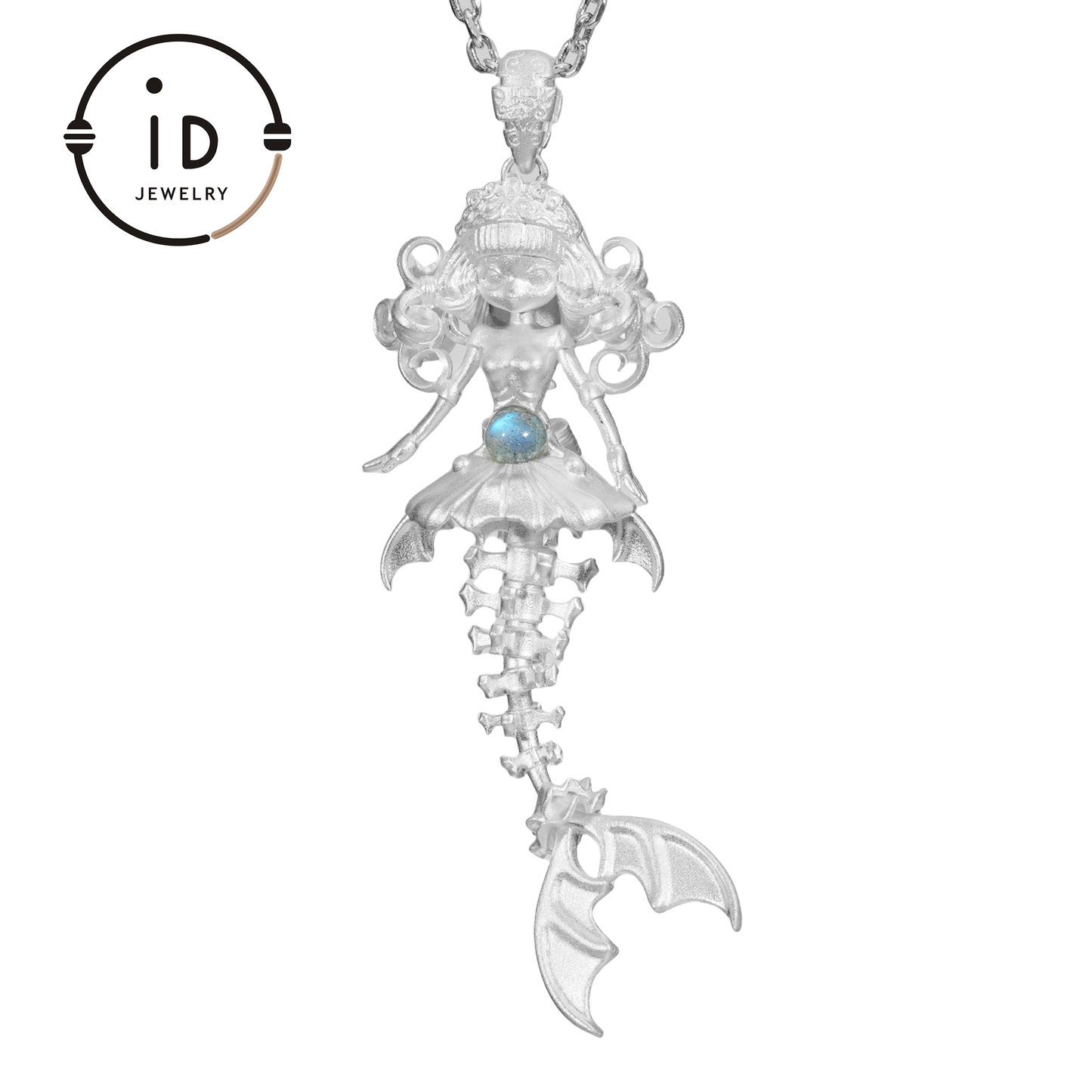 Hand-Carved Mermaid Skeleton Pendant Necklace | Mermaid Bones + Labradorite Flash | Handmade 925 Sterling Silver Amulet Ocean-Theme Necklace