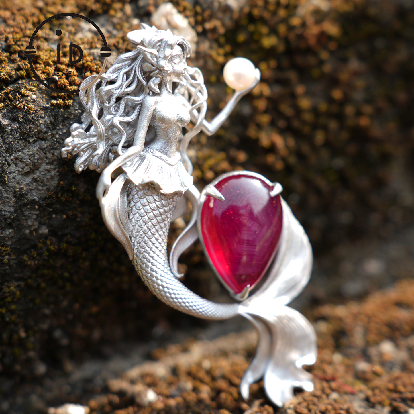 Mermaid Pendant | 925 Sterling Silver & Star Ruby | Handmade Fantasy Jewelry