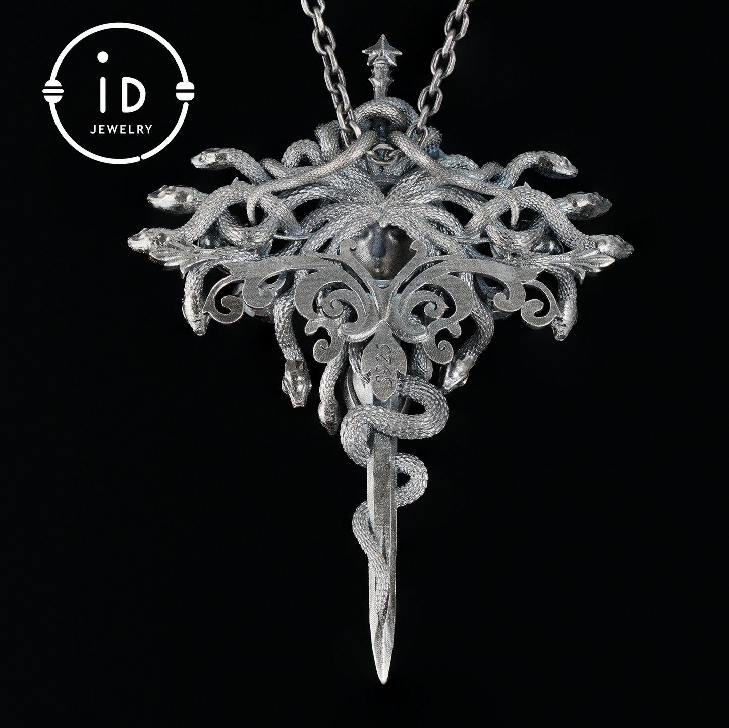 Handmade Gothic Pendant with Snake Head, Garnet & Green Chrysoprase, Oxidized 925 Silver, Vintage Style Gift for Her