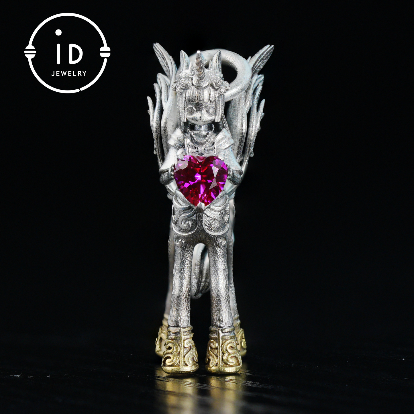 925 Silver Pendant with Unicorn, with Red Synthetic Ruby, Gothic Fantasy Jewelry, Oxidized Silver, Talisman Pendant for Self-Reflection