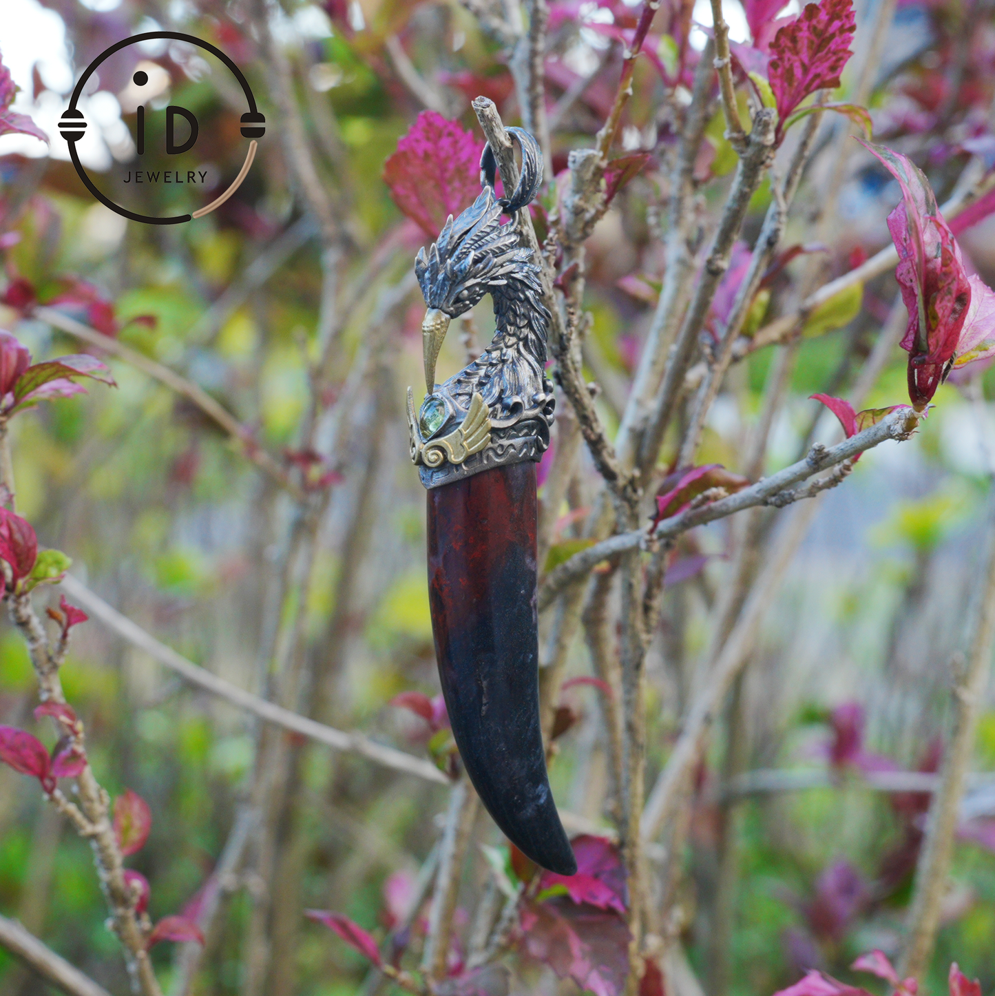 Blood Jasper Pendant with Carved Phoenix Head in 925 Sterling Silver & Bronze, Totem Talisman Necklace, Gothic Mythology Gift for Men Women