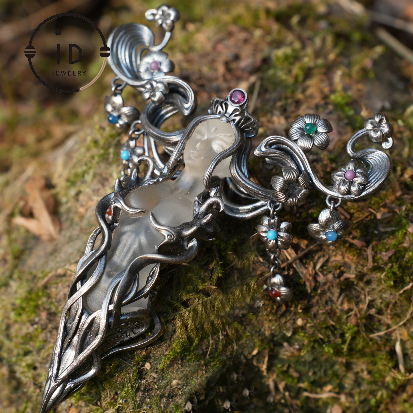 Goddess Flower Pendant Brooch | Handmade Jewelry with Onyx and Garnet | Elegant 925 Silver Design
