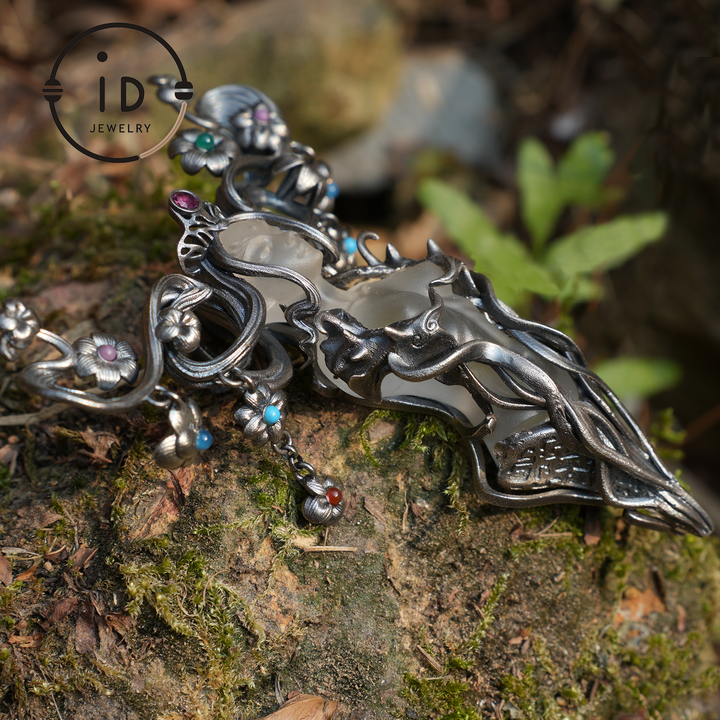 Goddess Flower Pendant Brooch | Handmade Jewelry with Onyx and Garnet | Elegant 925 Silver Design