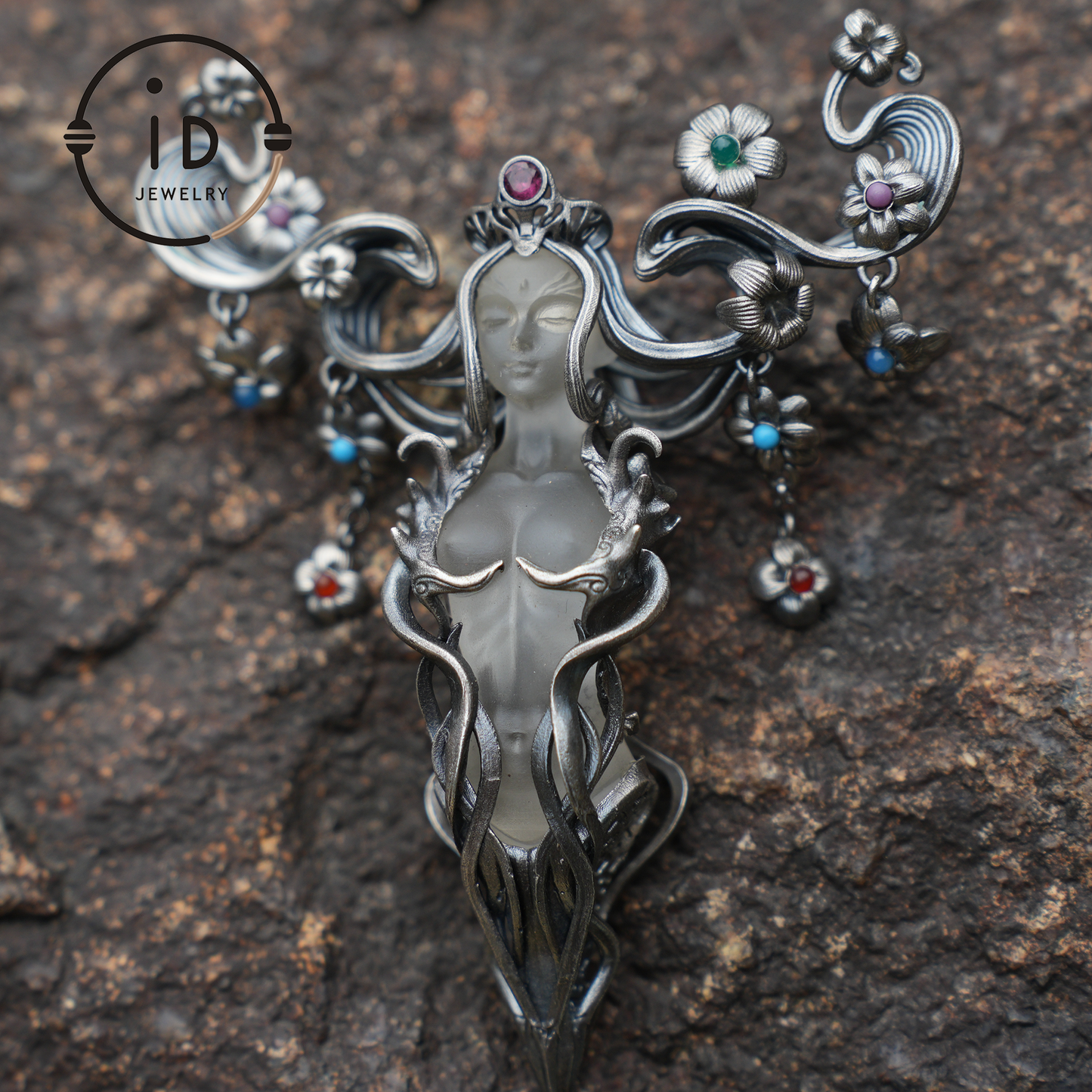 Goddess Flower Pendant Brooch | Handmade Jewelry with Onyx and Garnet | Elegant 925 Silver Design