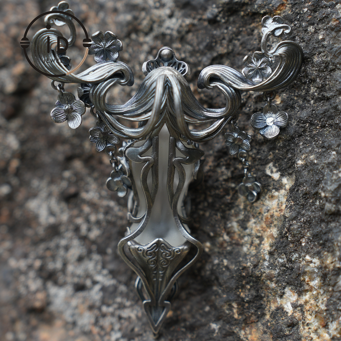 Goddess Flower Pendant Brooch | Handmade Jewelry with Onyx and Garnet | Elegant 925 Silver Design