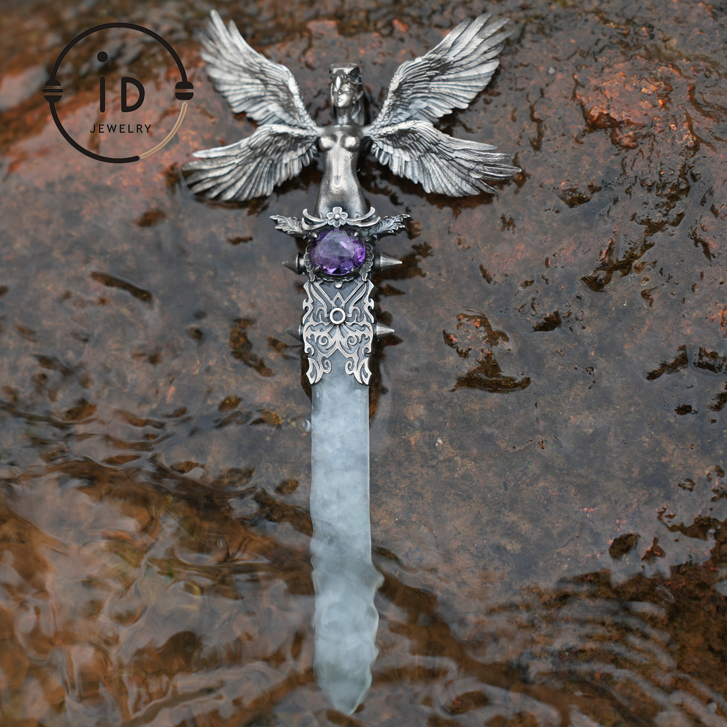 Guardian Wings Angel Pendant Brooch | 925 Silver Jewelry with Jade and Amethyst | Elegant Fantasy Jewelry with Wings