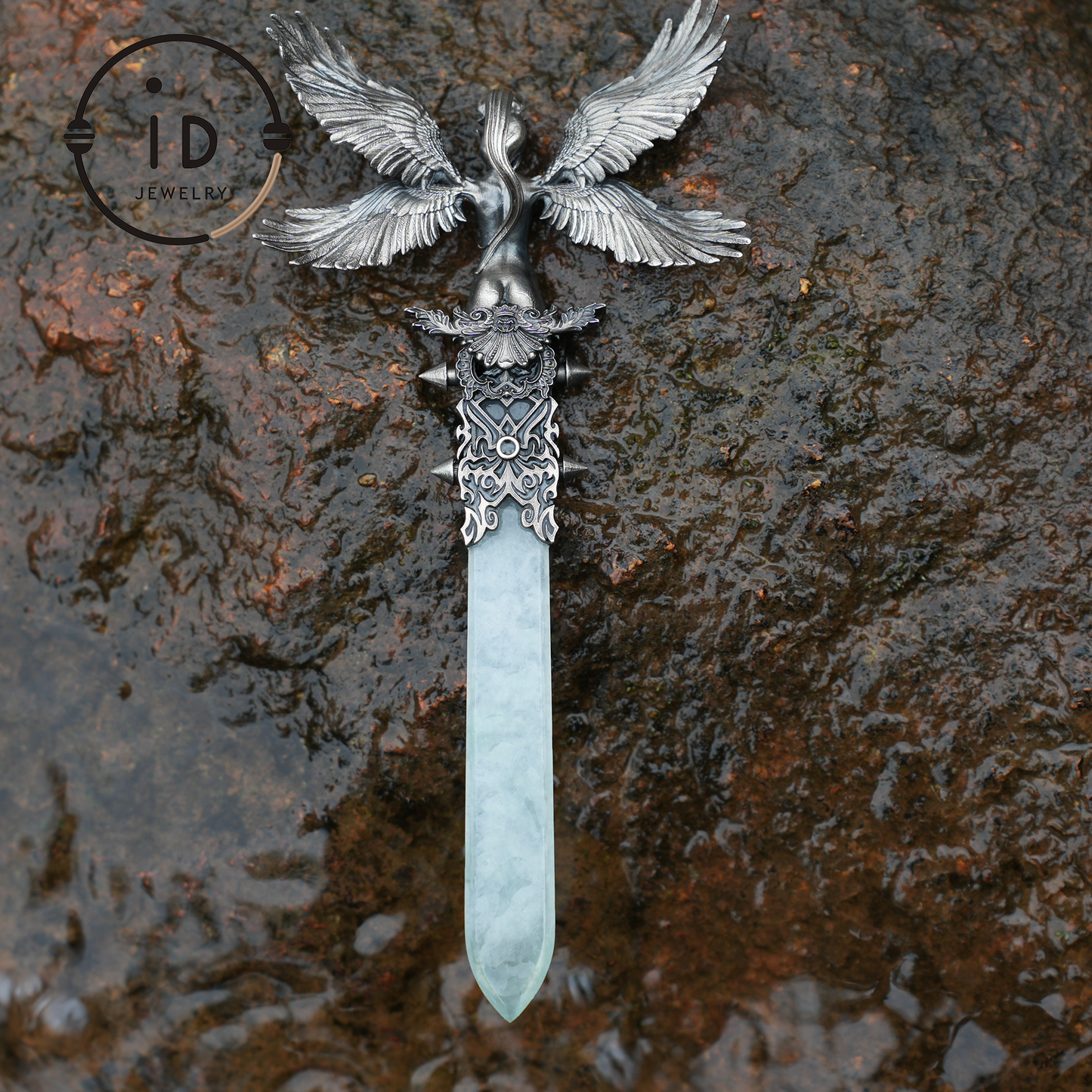 Guardian Wings Angel Pendant Brooch | 925 Silver Jewelry with Jade and Amethyst | Elegant Fantasy Jewelry with Wings