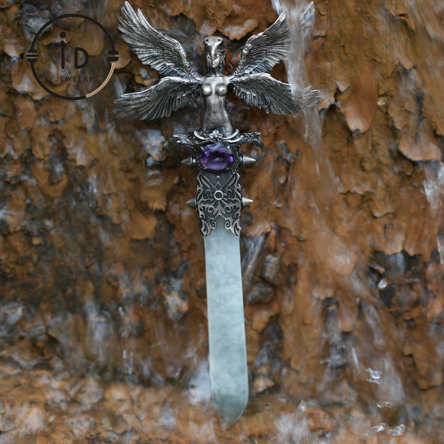 Guardian Wings Angel Pendant Brooch | 925 Silver Jewelry with Jade and Amethyst | Elegant Fantasy Jewelry with Wings