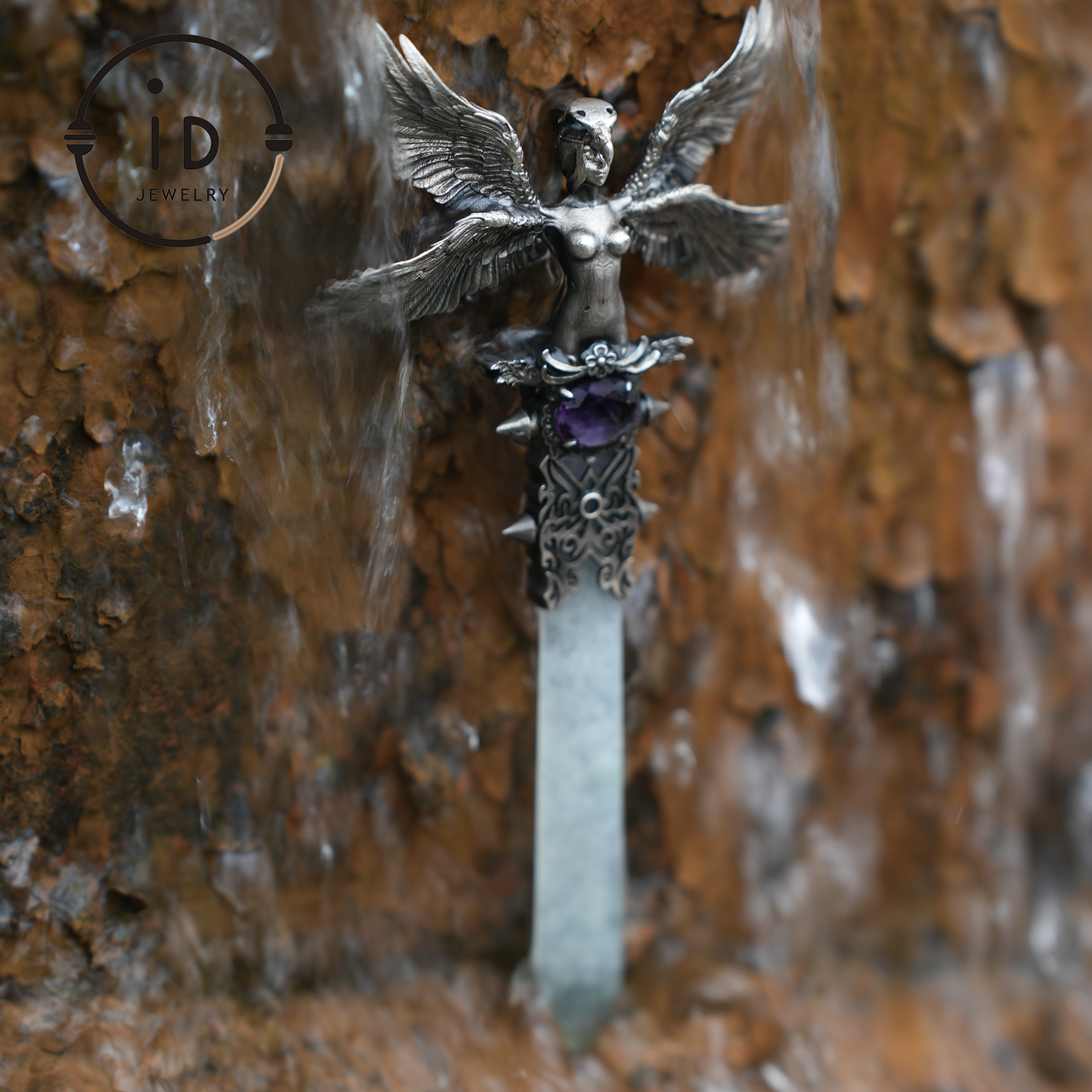 Guardian Wings Angel Pendant Brooch | 925 Silver Jewelry with Jade and Amethyst | Elegant Fantasy Jewelry with Wings