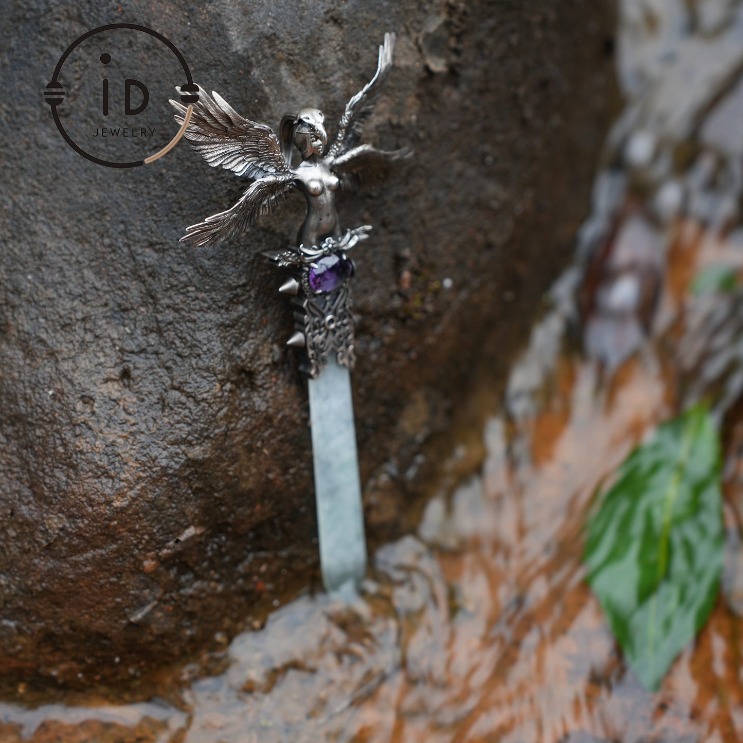 Guardian Wings Angel Pendant Brooch | 925 Silver Jewelry with Jade and Amethyst | Elegant Fantasy Jewelry with Wings