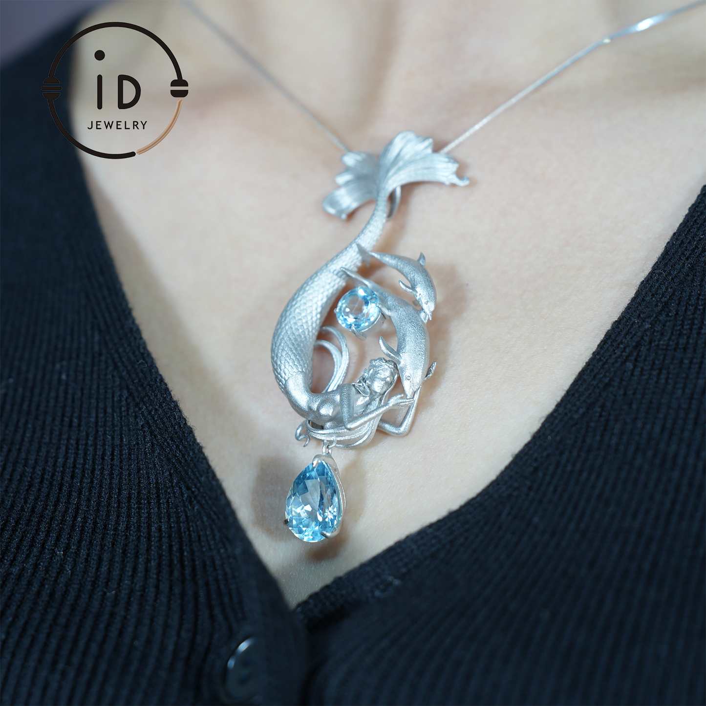 Dreamy Ocean Mermaid Pendant - 925 Silver with Aquamarine | Handcrafted Fantasy Jewelry